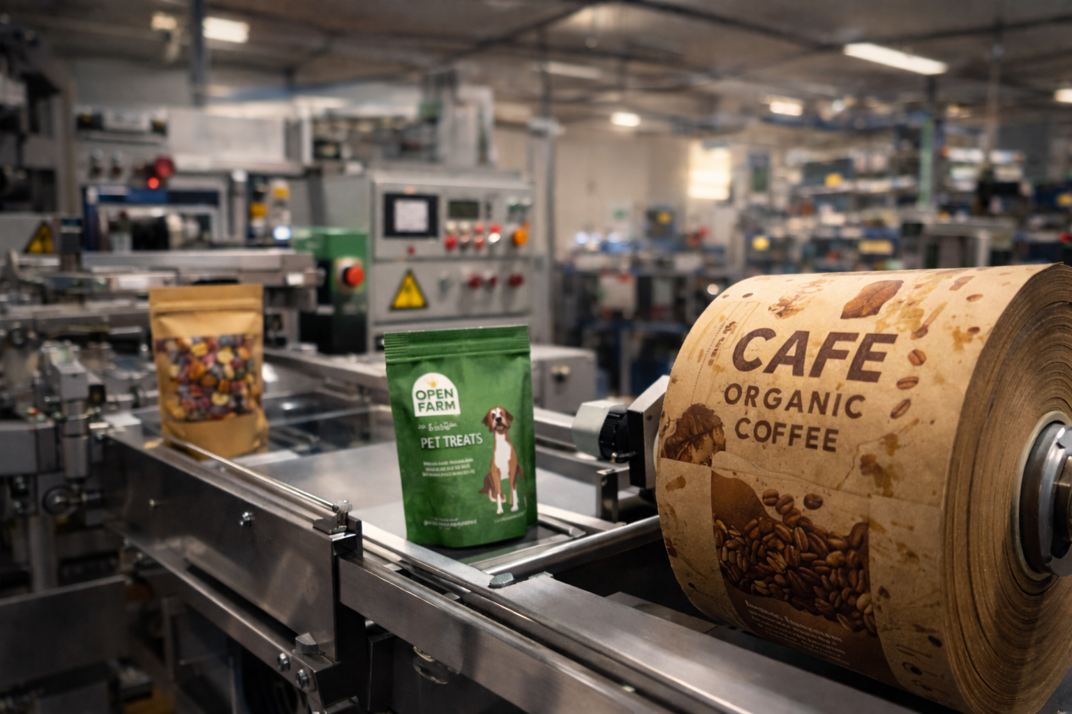 Custom stand-up coffee pouch with resealable zipper closure opened by hand, surrounded by roasted coffee beans and brewing tools.