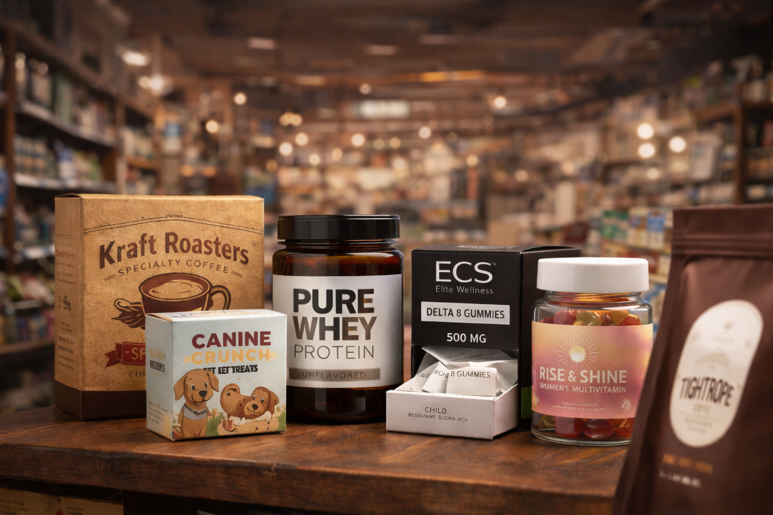 Custom printed retail boxes, jars, and product packaging for supplements, coffee, pet treats, and consumer brands displayed on a retail shelf.