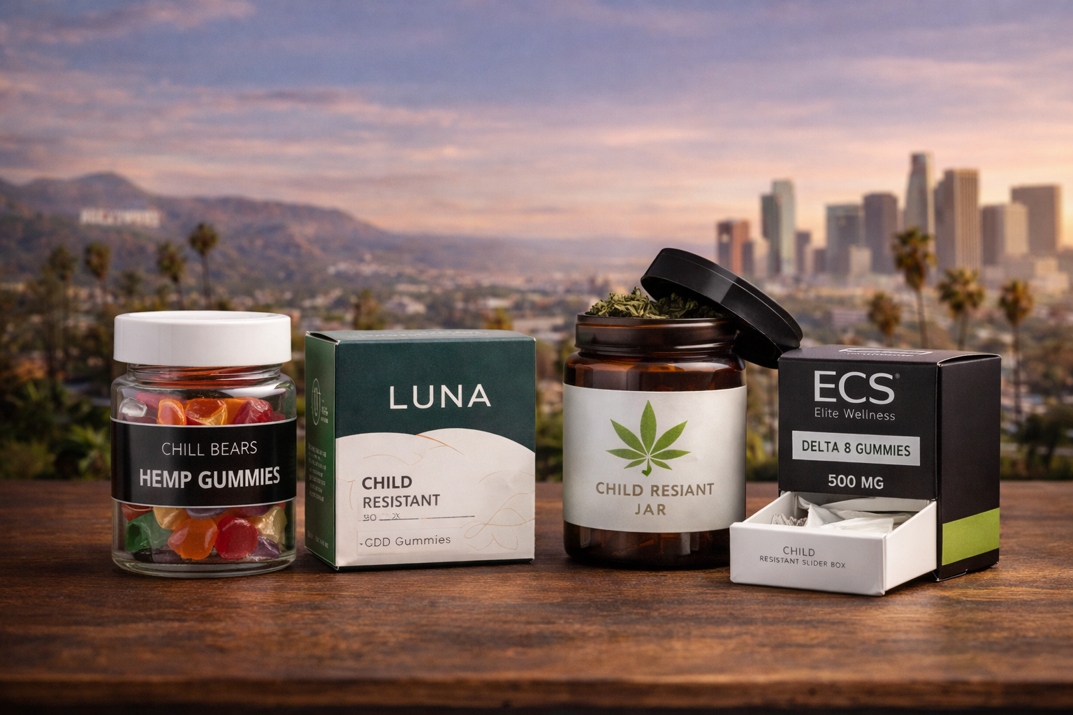 Child-resistant jars, custom packaging boxes, and gummies containers designed for compliant cannabis and wellness packaging in Los Angeles.