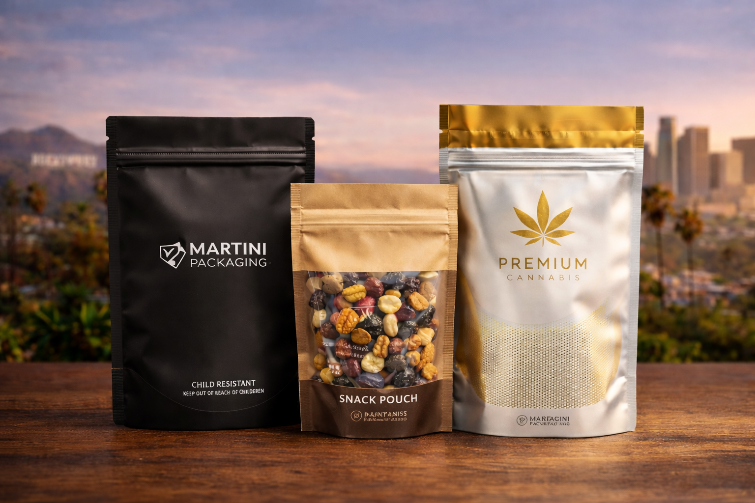 Custom stand-up pouches and Mylar bags displayed with Los Angeles skyline background premium flexible packaging for snacks cannabis products, and retail brands