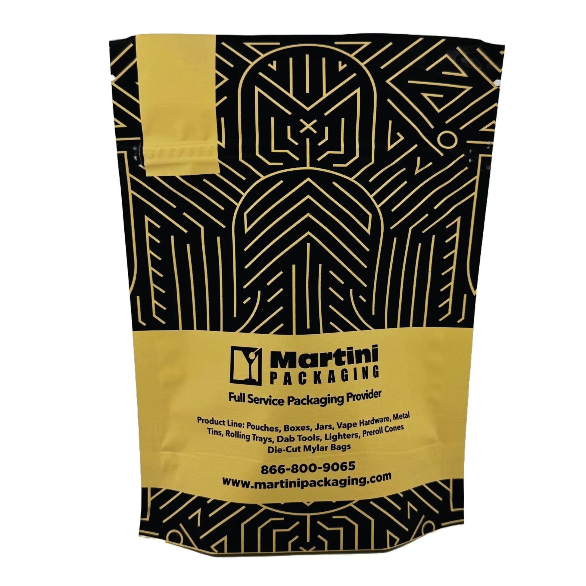 Child-resistant Mylar bag with resealable closure – custom printed stand-up pouch by Martini Packaging.