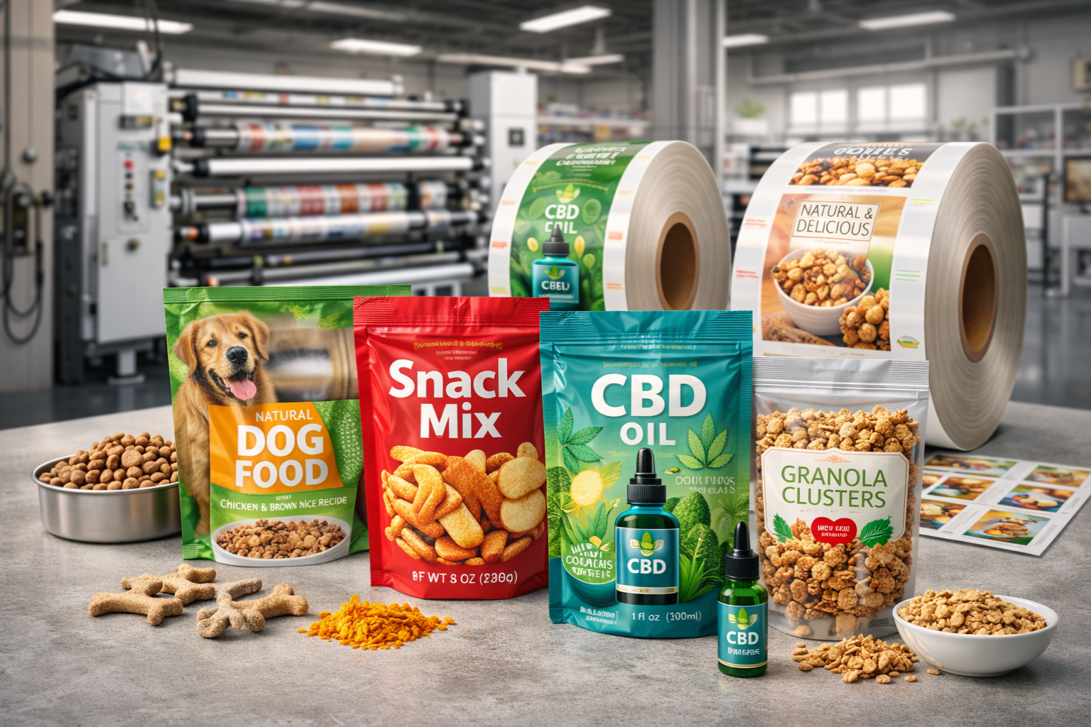 Flexible packaging roll-stock converting with custom printed film used to produce stand-up pouches for coffee, supplements, and pet products.