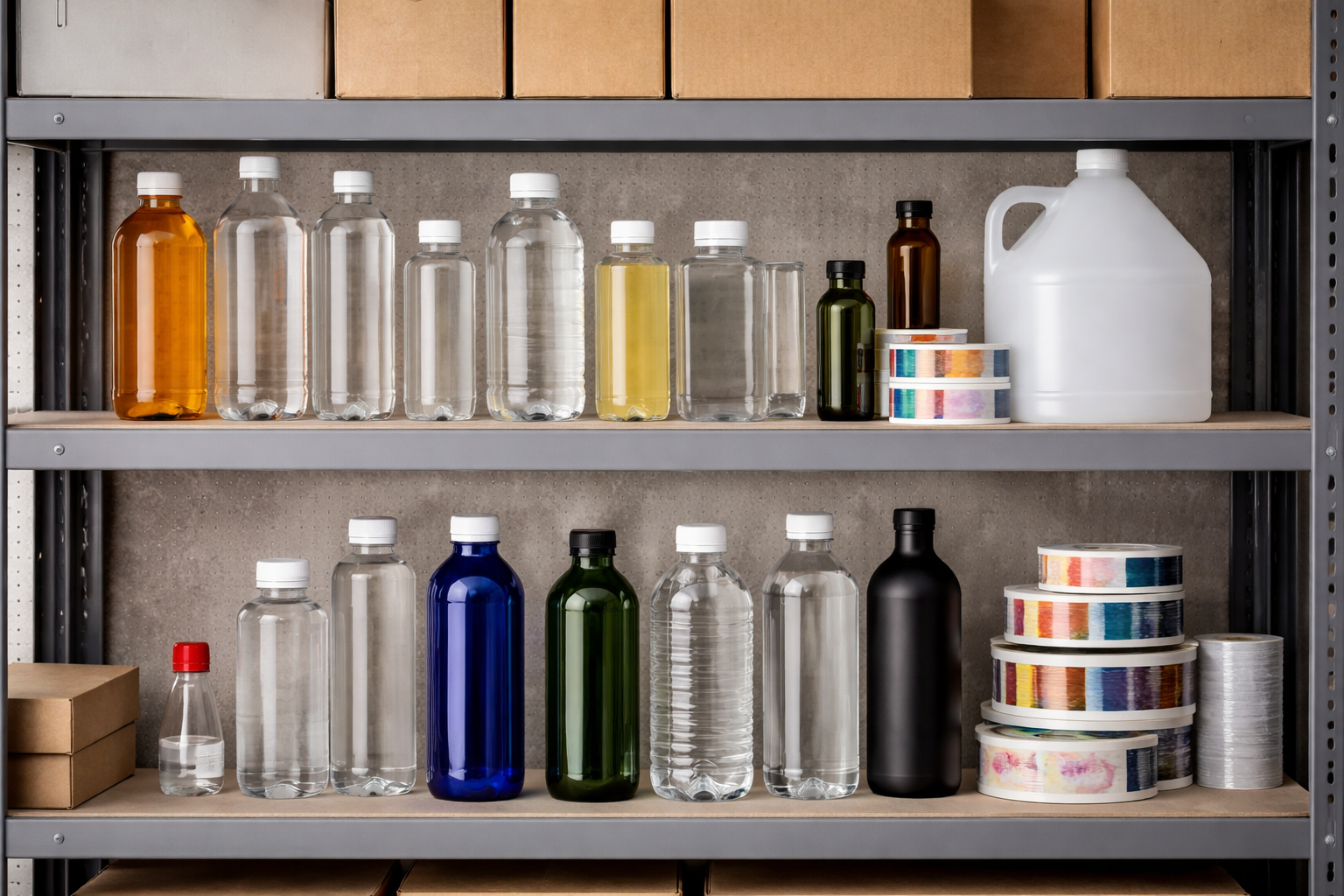 Plastic bottle packaging display on warehouse shelves with PET and HDPE bottles, label rolls, and bulk packaging supplies