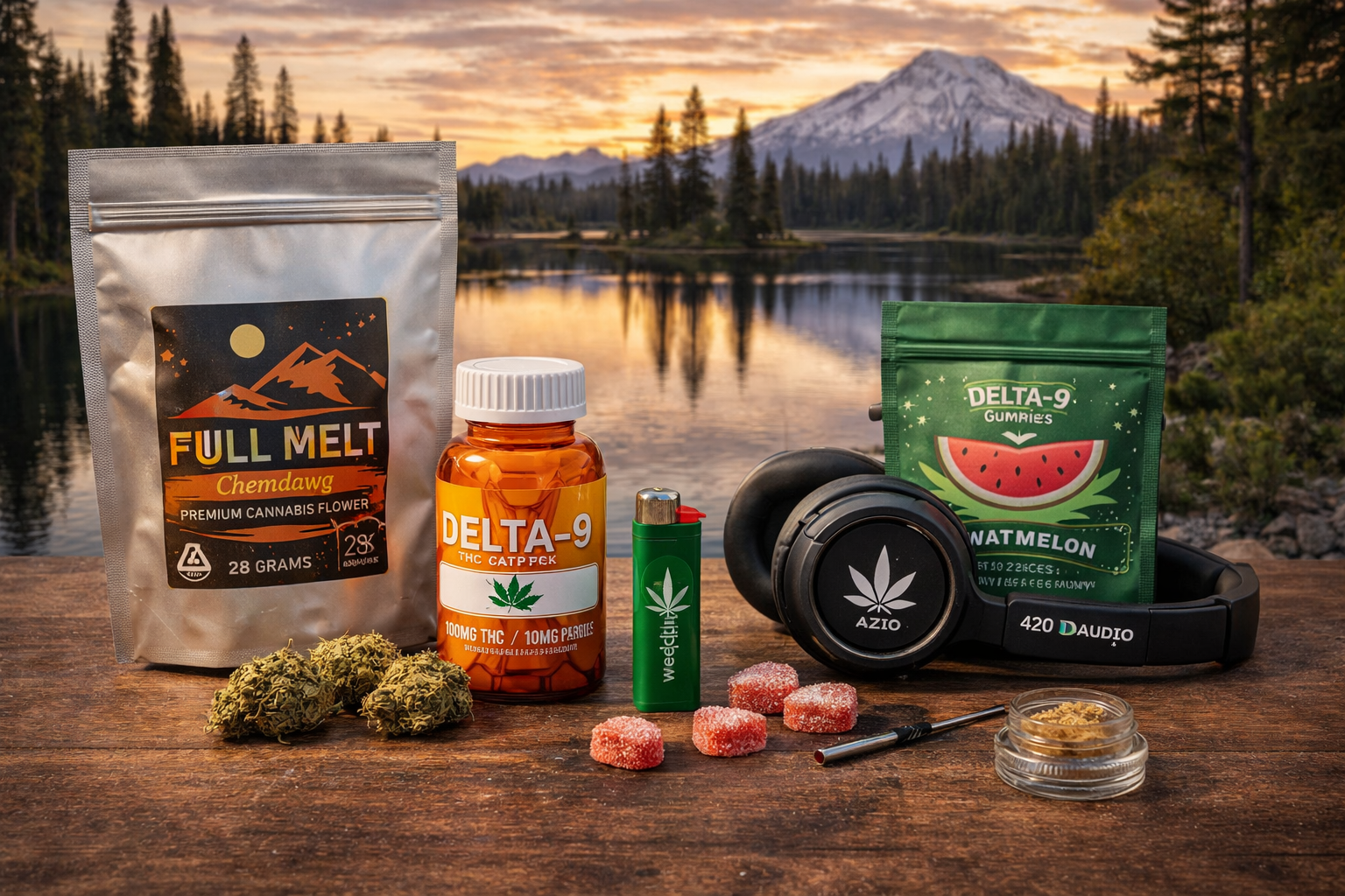 Cannabis Mylar bags, Delta-9 edibles, and packaging products displayed outdoors for retail branding and lifestyle cannabis packaging