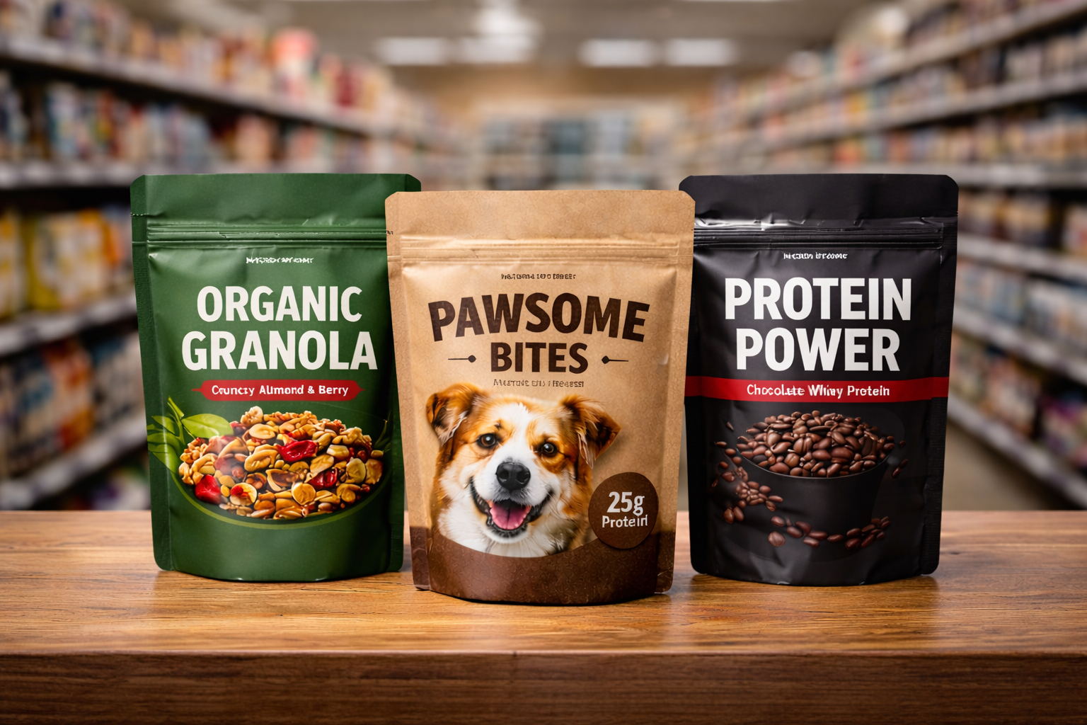 Custom stand-up pouches for granola, pet treats, and protein powder displayed on a retail shelf, showing branded flexible packaging for food and pet products.