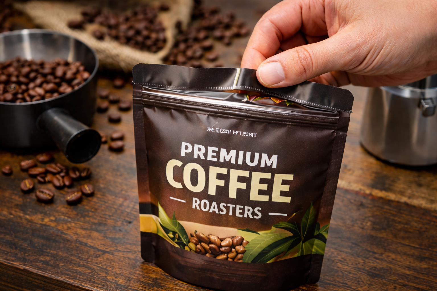 Custom stand-up coffee pouch with resealable zipper closure opened by hand, surrounded by roasted coffee beans and brewing tools.
