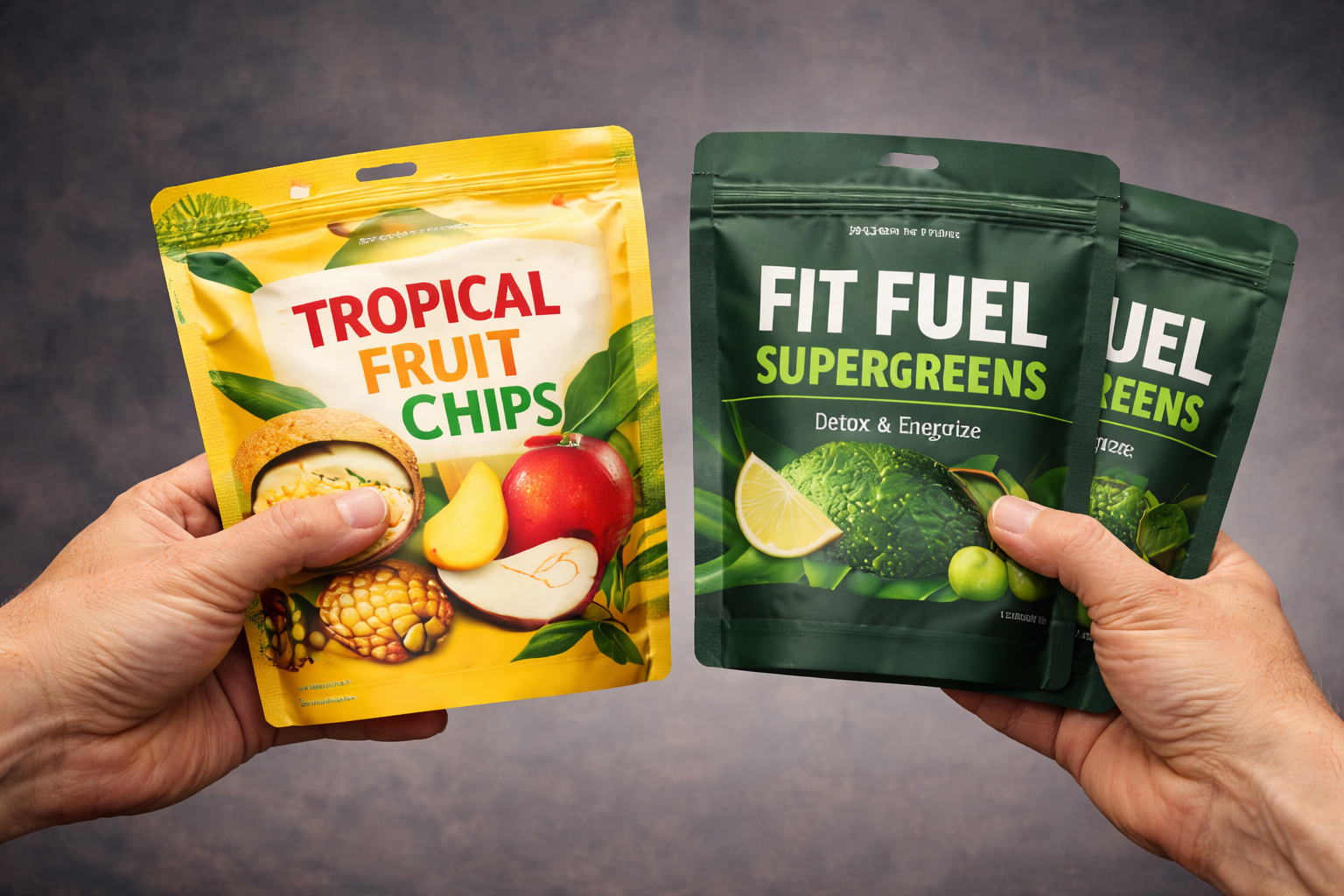 Custom stand-up pouches for snacks and supplements including fruit chips and supergreens, showing vibrant flexible packaging with resealable zipper closures.