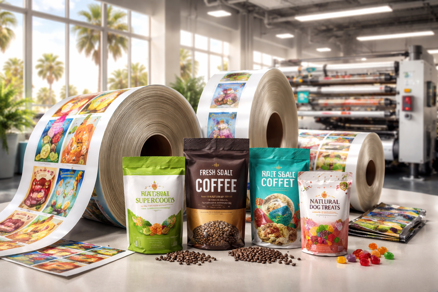 Printed roll-stock packaging film for dog food, CBD oil, and granola used to manufacture custom stand-up pouches.