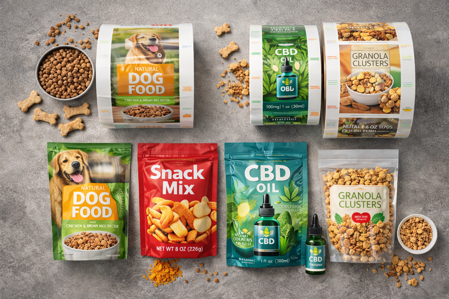 Custom stand-up pouches for smoothie mix, turmeric powder, almonds, and granola displayed with printed roll-stock packaging film.