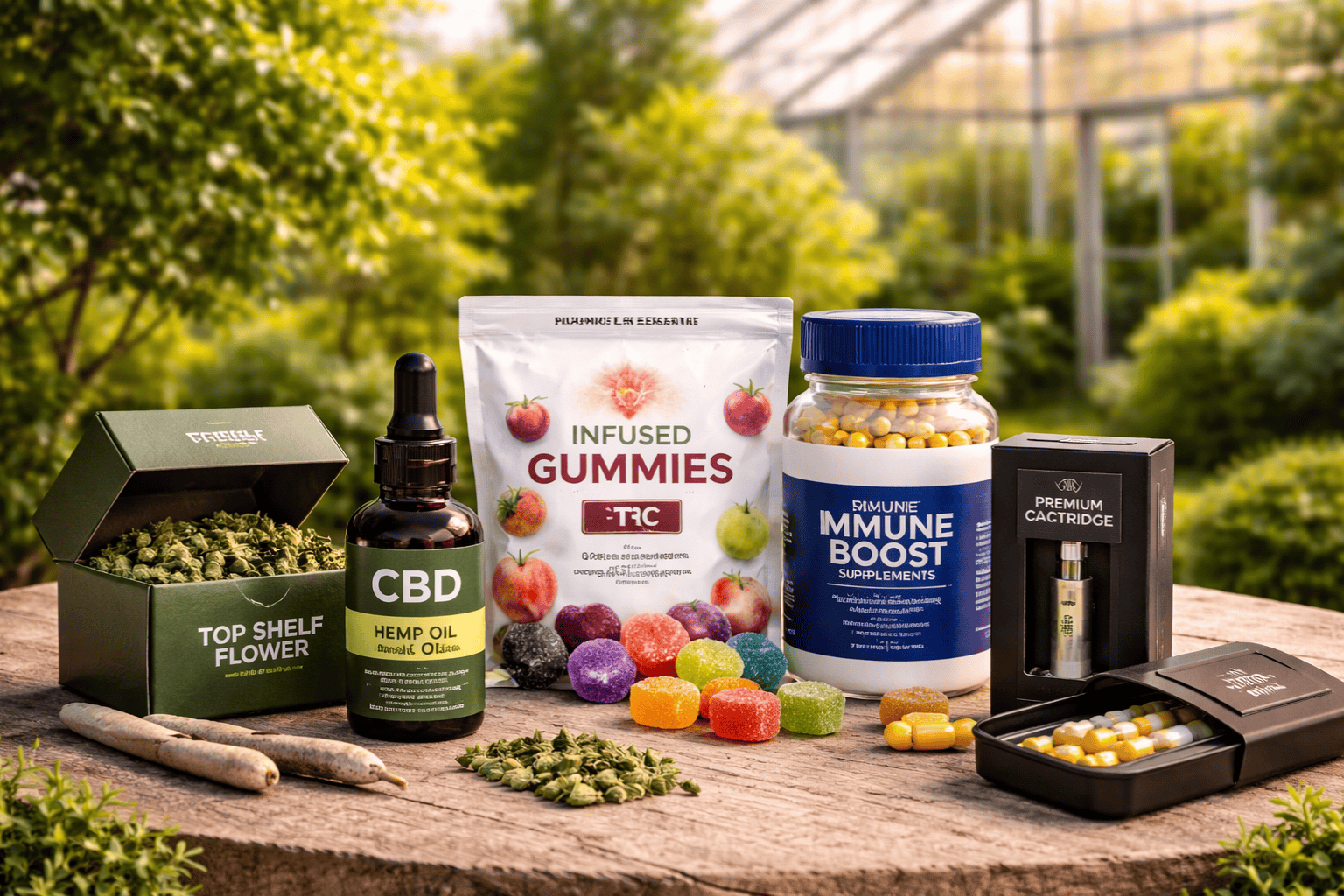 Child-resistant cannabis packaging including gummies, CBD oil, supplements, and vape cartridges for compliant retail in Los Angeles