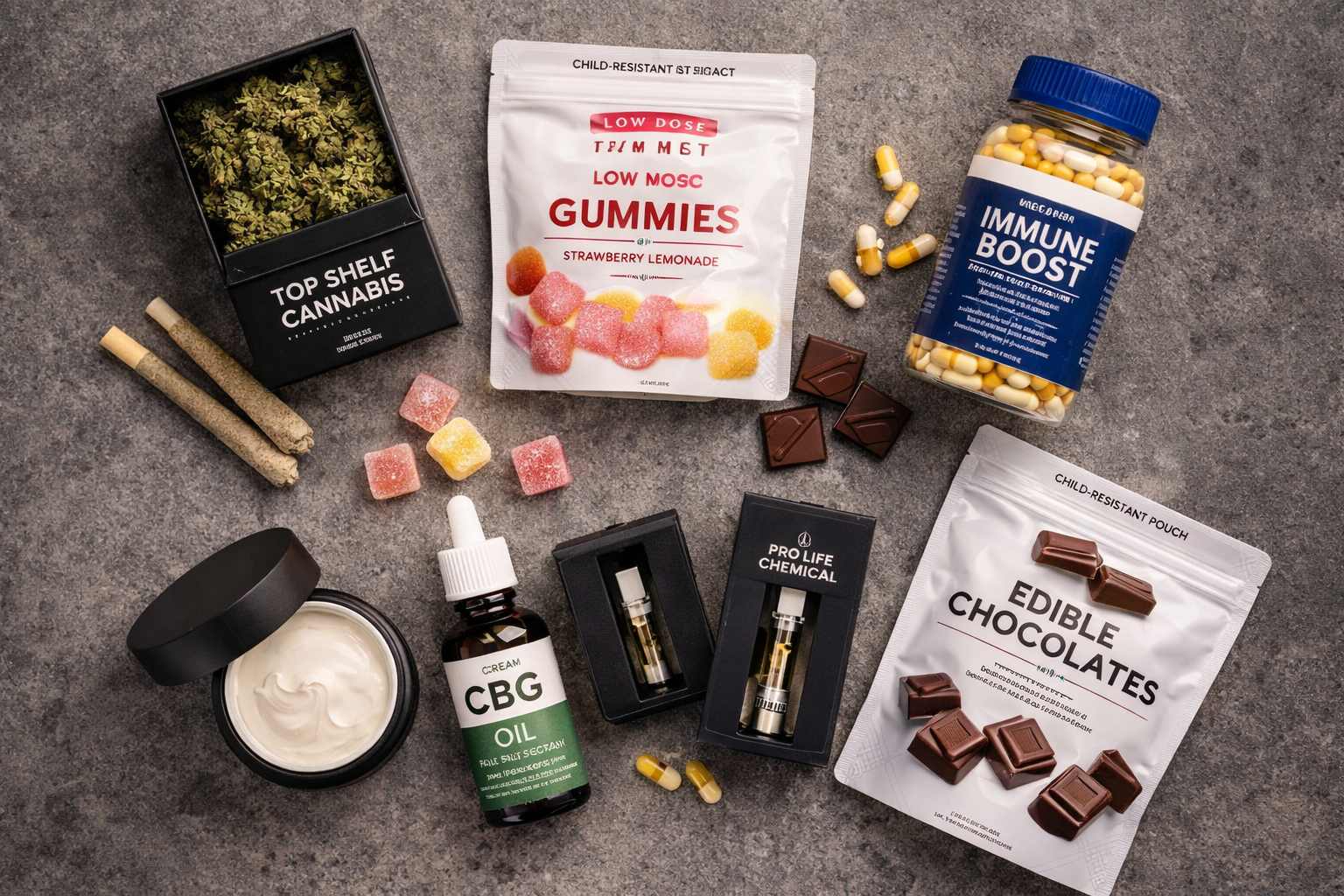 Child-resistant Mylar bags for cannabis gummies, chocolates, CBD oil, and supplements with compliant labeling and secure packaging design