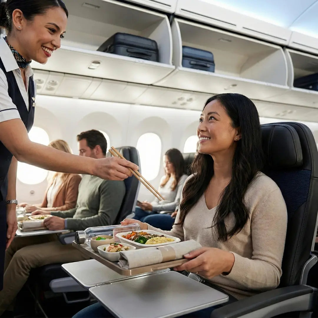 Flight attendant handing CompostEase compostable chopsticks to a passenger holding an airline meal tray inside a commercial airplane cabin.