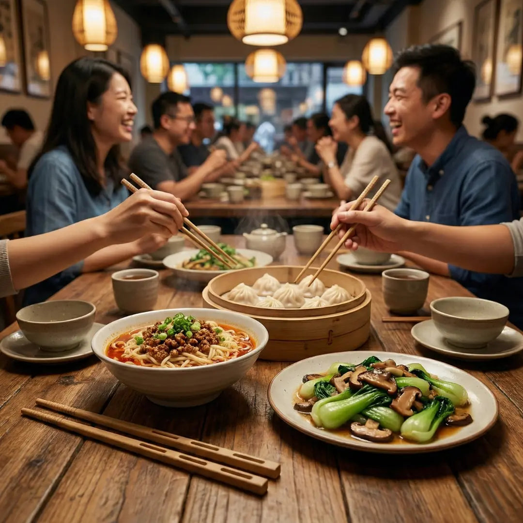 CompostEase compostable chopsticks on a wooden table with noodles, dumplings, and shared dishes in a busy restaurant setting.