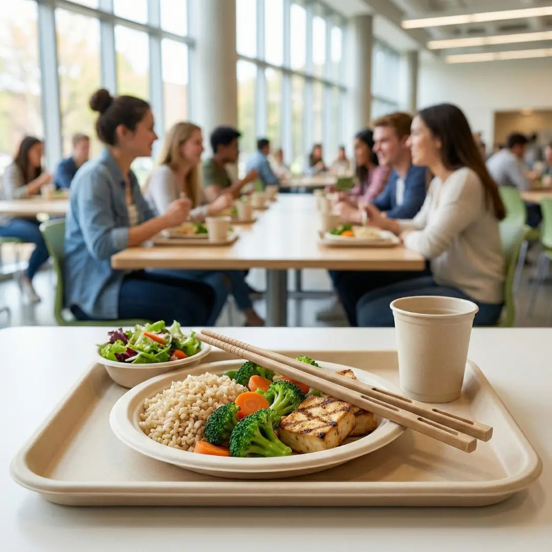 CompostEase plant-fiber chopsticks placed on a cafeteria tray with rice, vegetables, and protein during a school lunch service.