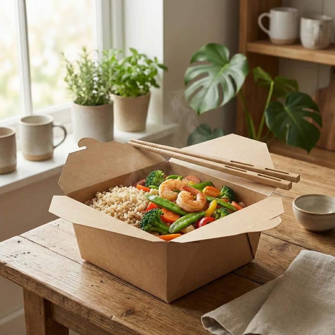 CompostEase compostable chopsticks resting on a takeout box with shrimp, rice, and vegetables in a modern home dining setting.