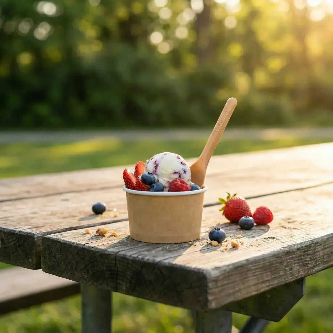 CompostEase molded fiber ice-cream scoop used with a paper ice-cream cup at an outdoor picnic table