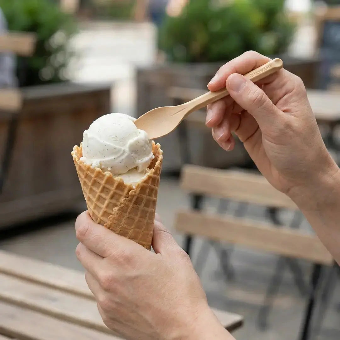 CompostEase ice-cream scoop made from molded plant fiber, shown scooping vanilla ice cream in a waffle cone outdoors