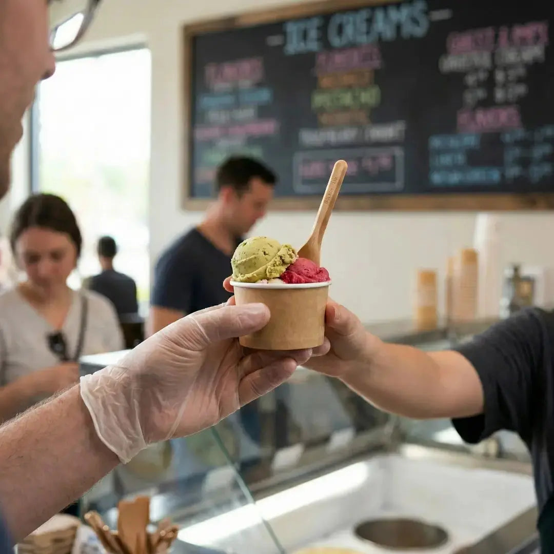 CompostEase compostable ice-cream scoop used to serve gelato in a paper cup inside an ice cream shop