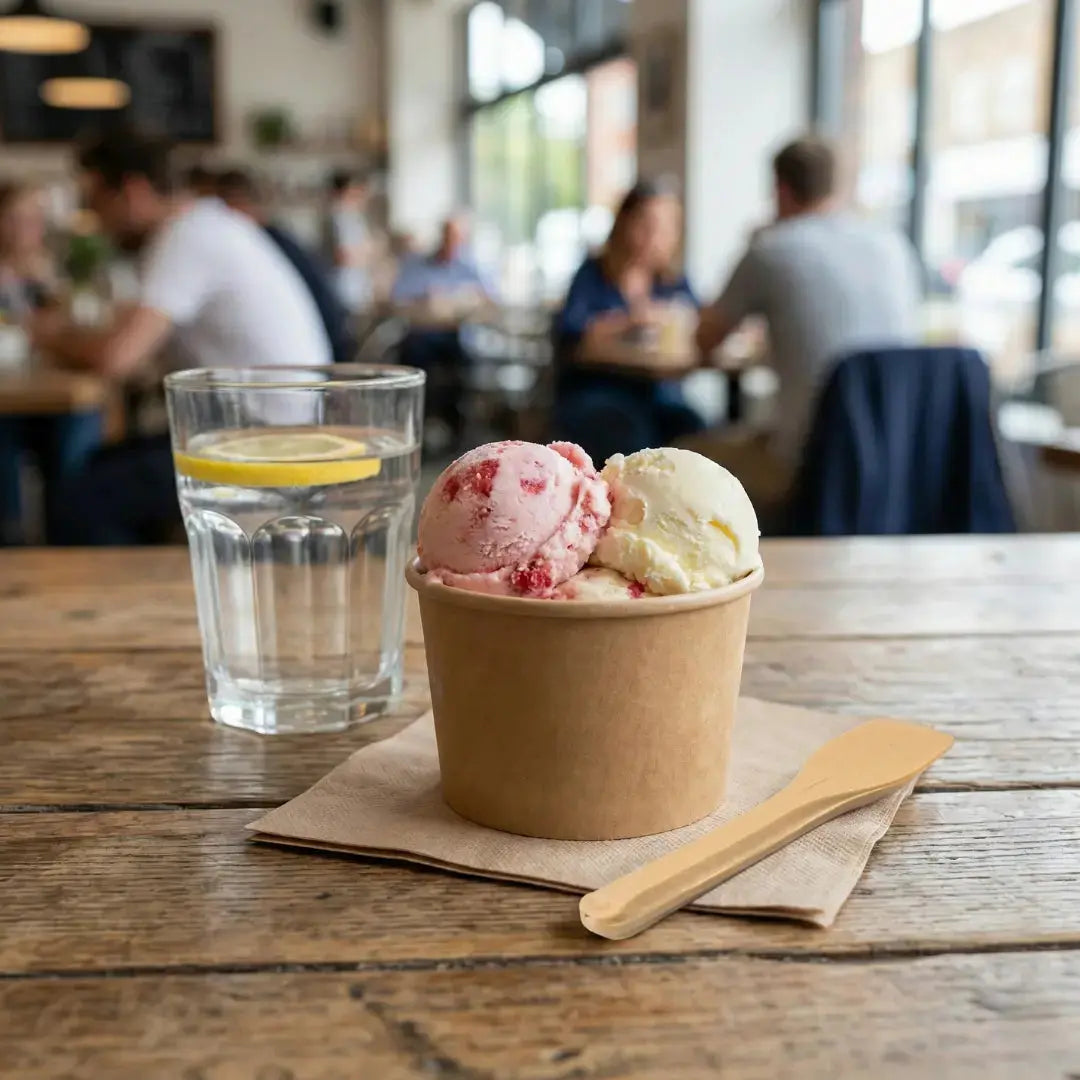 Compostable CompostEase ice-cream scoop resting beside a paper ice-cream cup on a café table