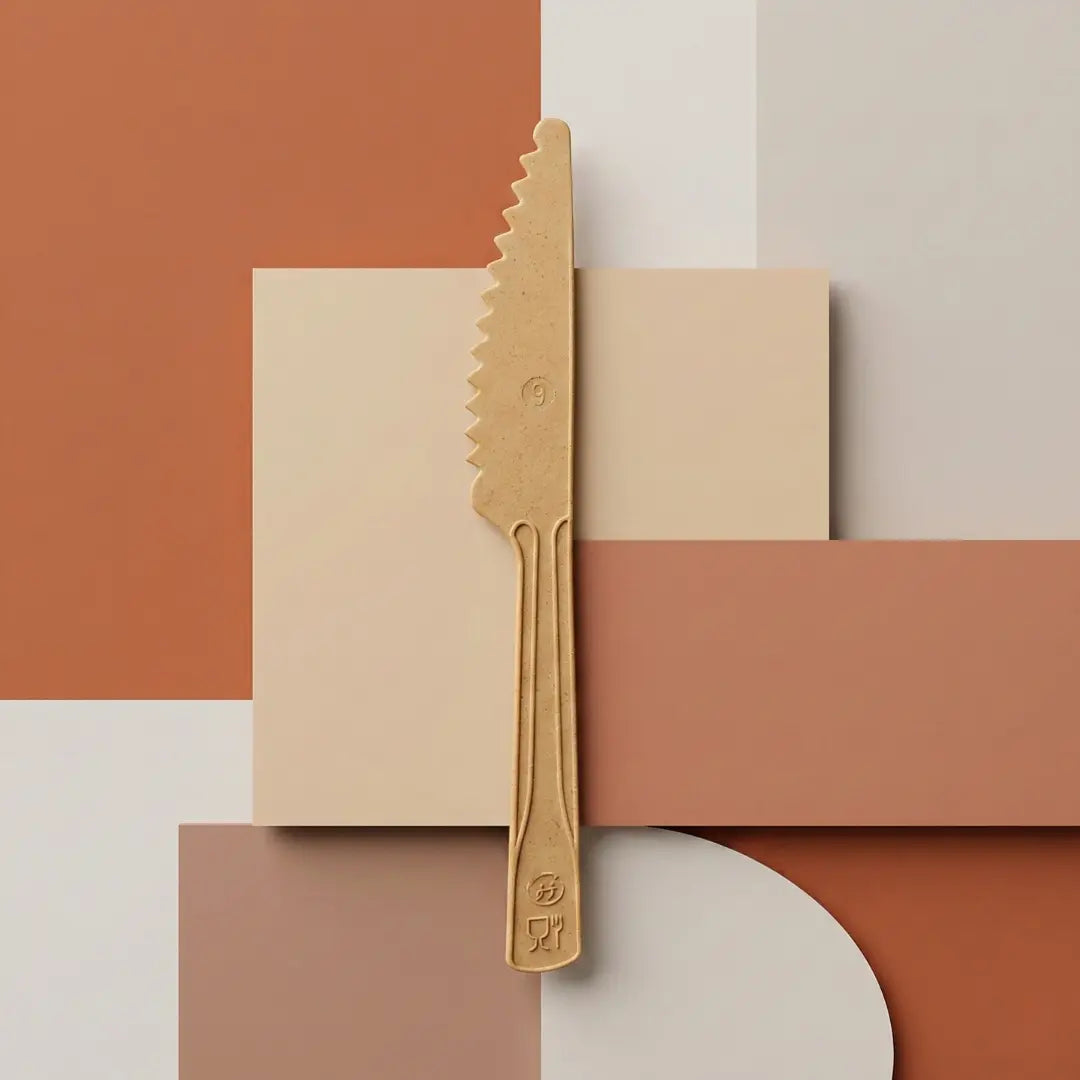 CompostEase compostable knife displayed on a modern geometric background, highlighting serrated edge and plant-fiber texture.
