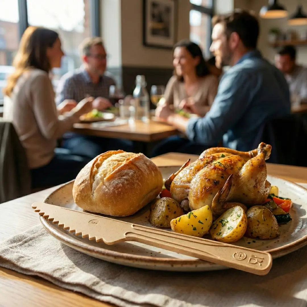 CompostEase compostable knife beside a restaurant meal with roasted chicken and bread, showing durability for everyday dining.