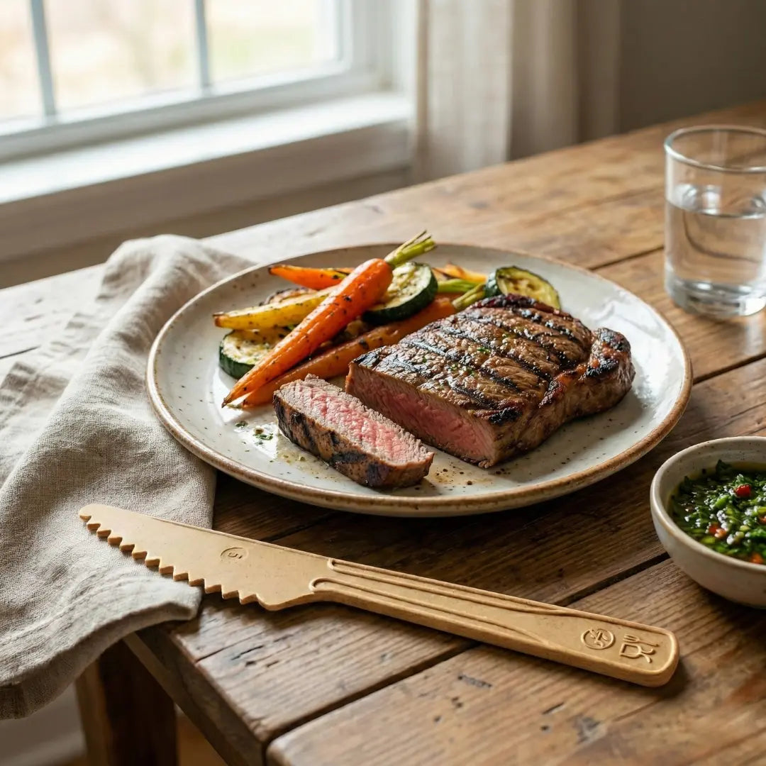 CompostEase plant-fiber knife placed next to sliced steak and grilled vegetables on a wooden dining table.