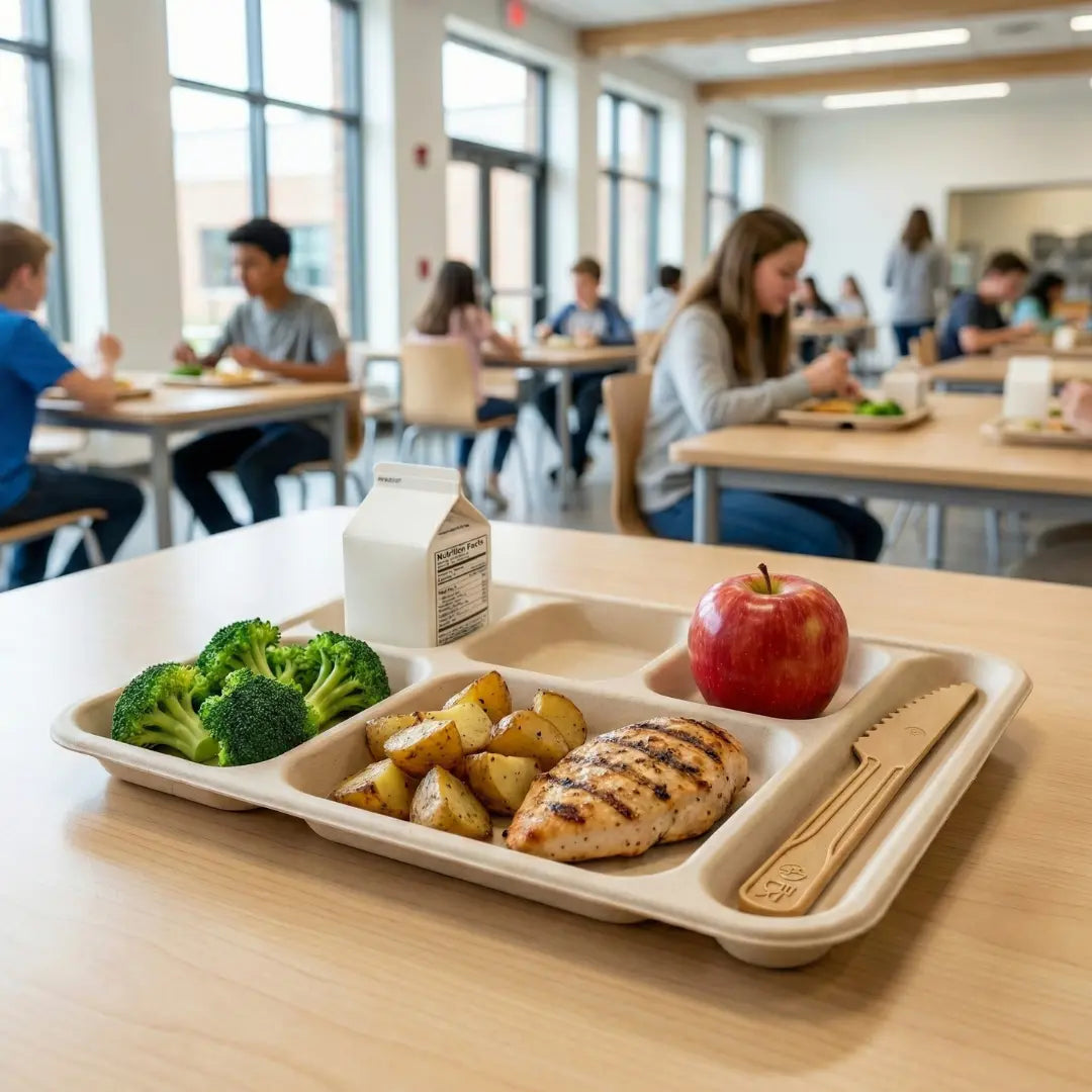 CompostEase compostable knife on a school cafeteria tray with chicken, potatoes, and vegetables, designed for institutional dining.