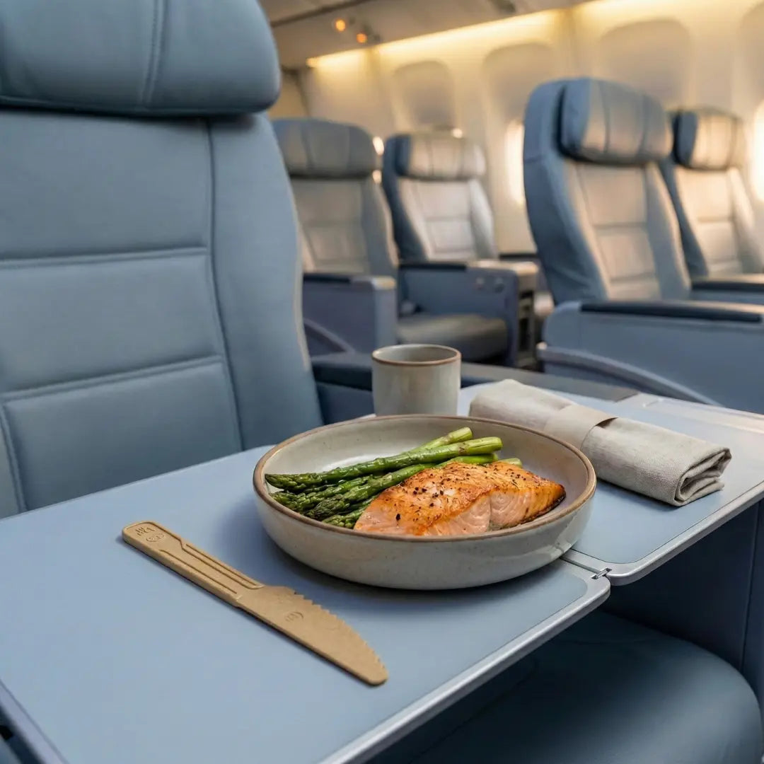CompostEase plant-based knife on an airline tray table beside a hot meal, supporting sustainable in-flight foodservice.