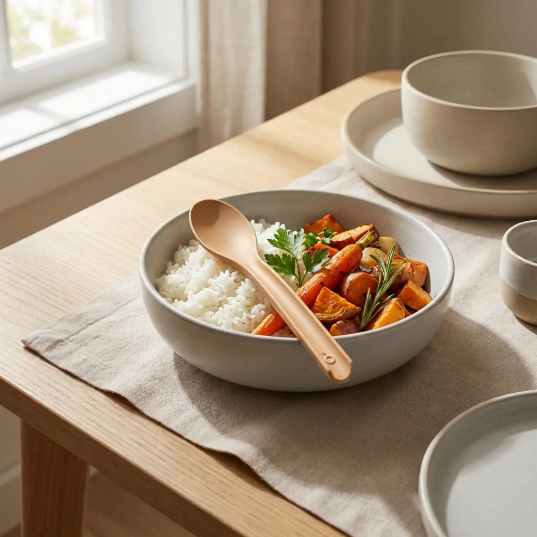 CompostEase compostable spoon resting on a bowl of rice and roasted vegetables on a natural wood table