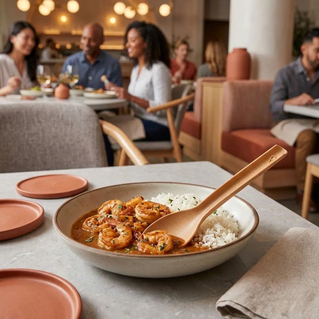 CompostEase eco friendly spoon serving shrimp curry and rice in a modern restaurant setting