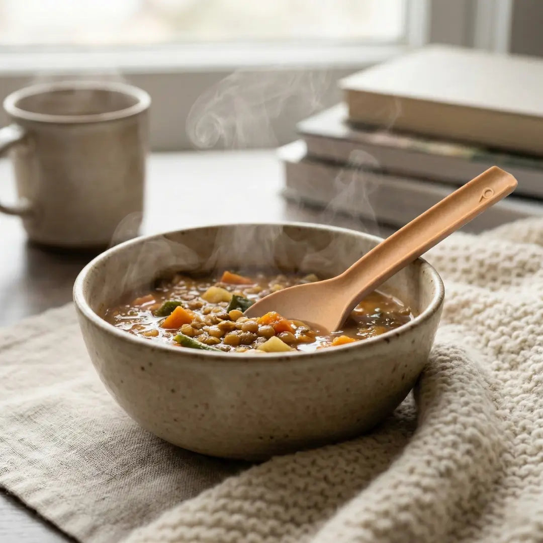 CompostEase compostable spoon in a bowl of hot soup with steam on a cozy home table