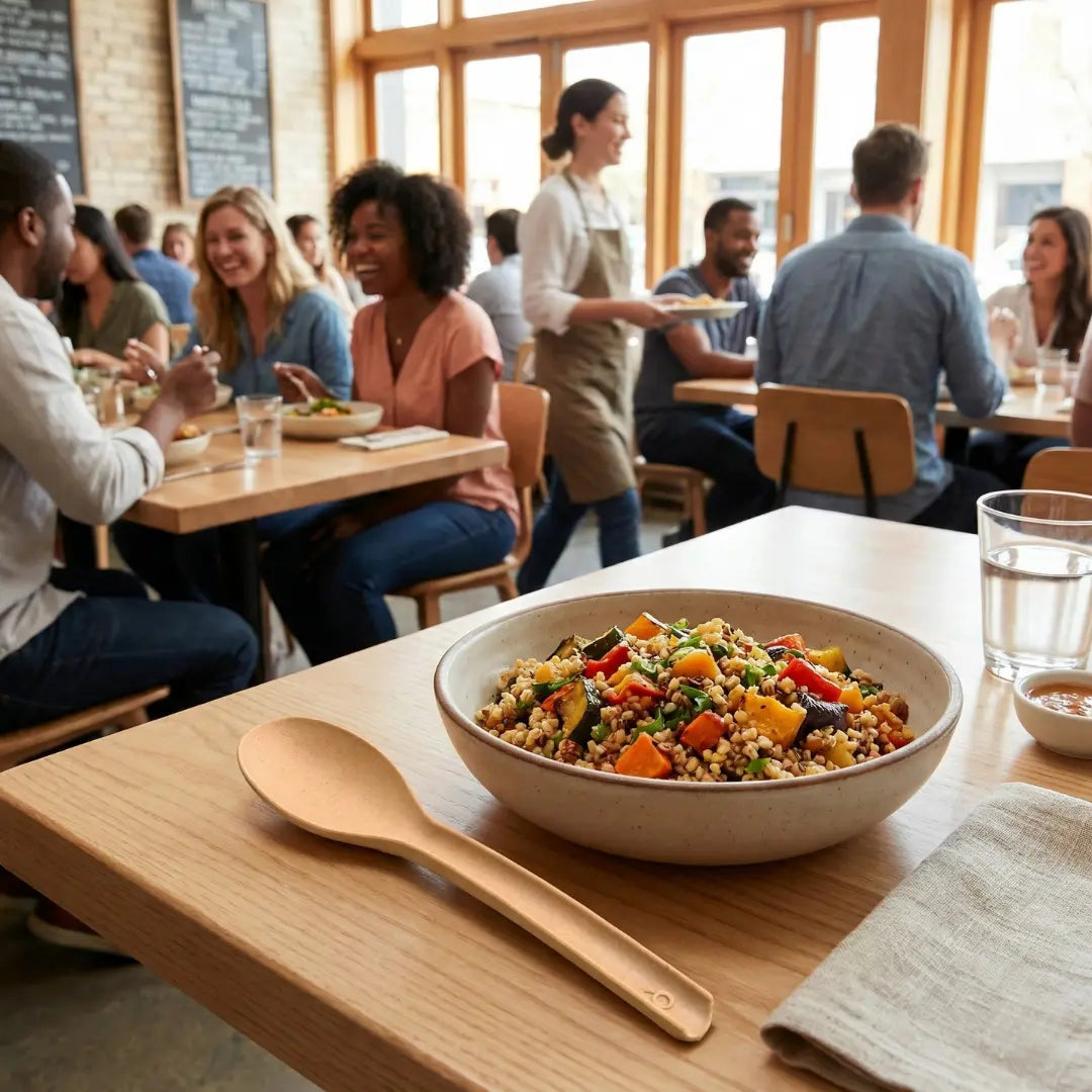 CompostEase plant based spoon beside a grain bowl in a busy restaurant with people dining