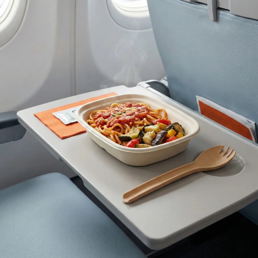 CompostEase | Spork next to a hot airline meal on a fold-down tray table, highlighting heat resistance and sustainable design.