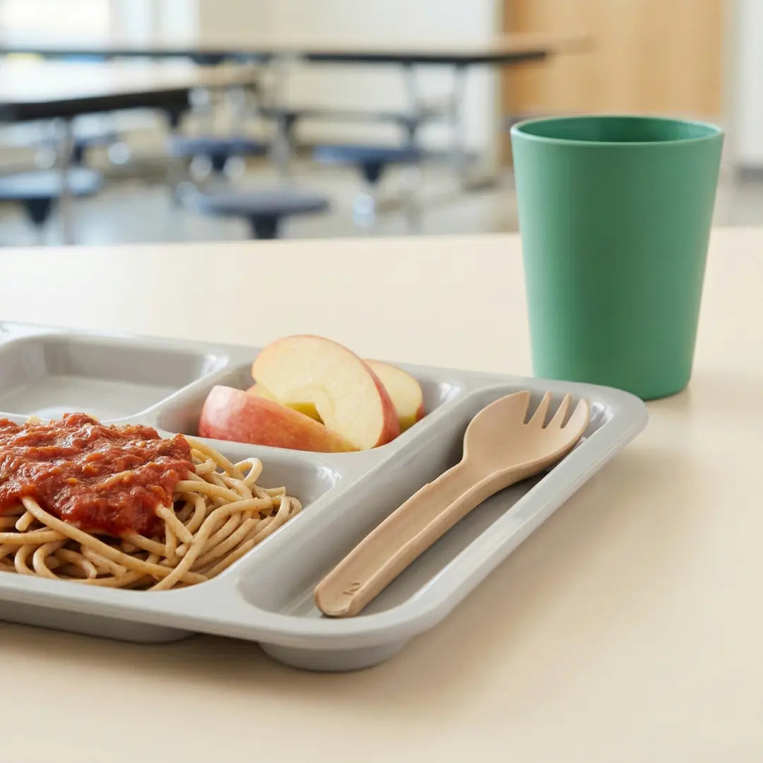 CompostEase | Spork on a school cafeteria tray with pasta and apple slices, showing compostable plant-fiber cutlery for schools.