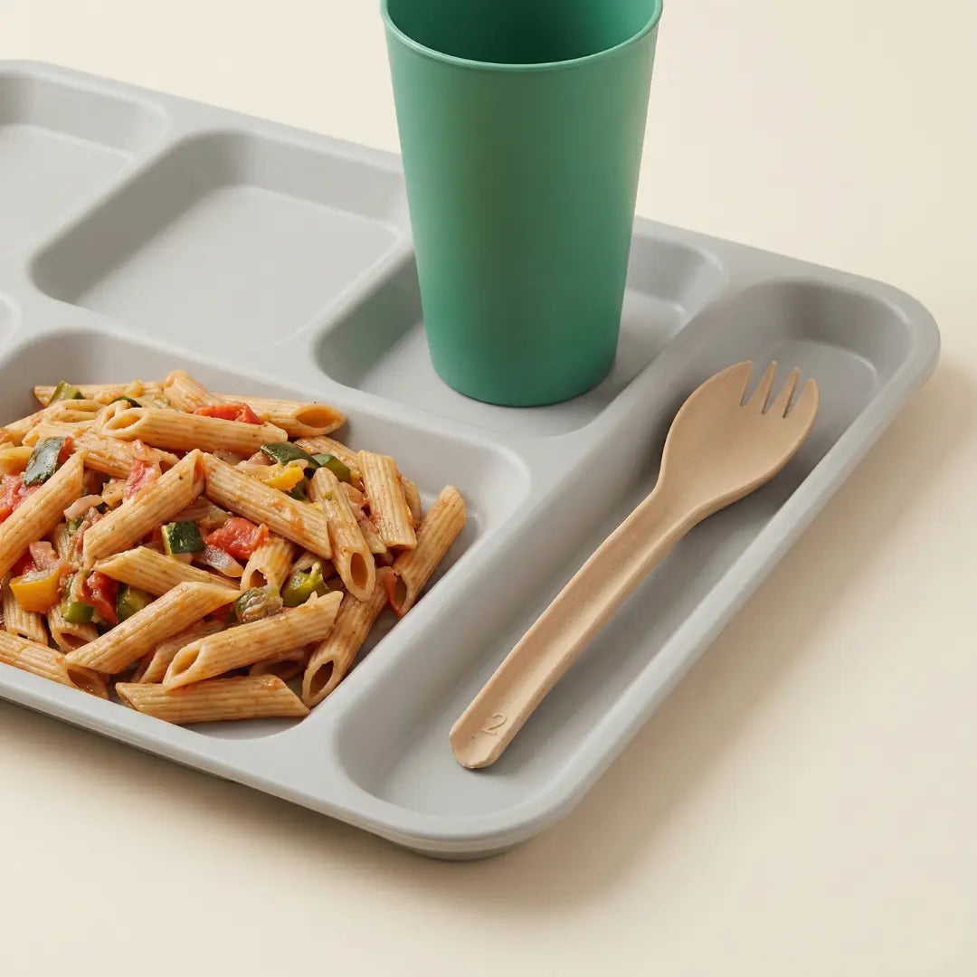 CompostEase | Spork resting in a cafeteria tray beside pasta and vegetables, emphasizing safe, durable, compostable cutlery.