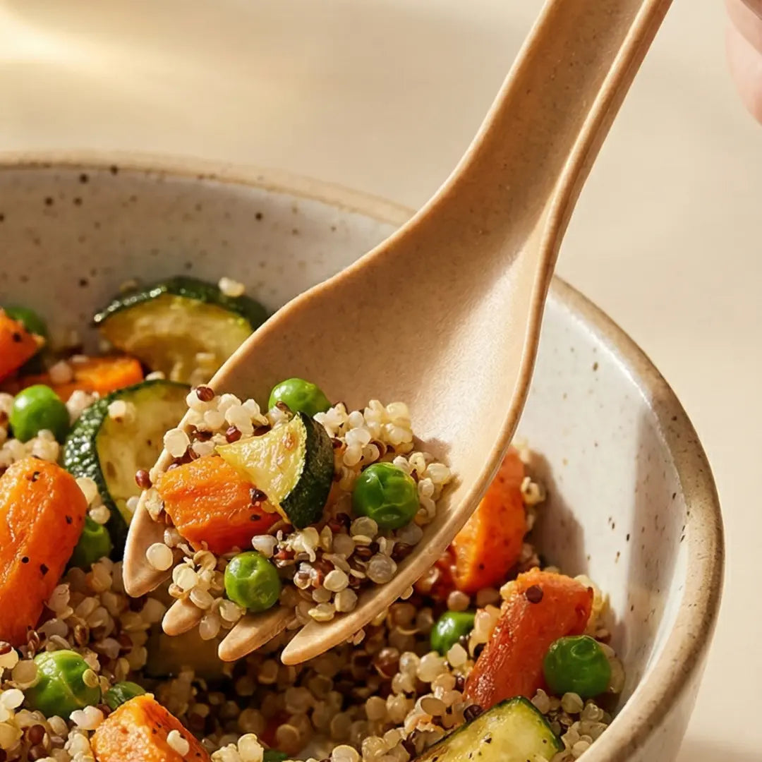 CompostEase | Spork scooping quinoa, vegetables, and peas from a bowl, showing spoon-and-fork functionality in one utensil.
