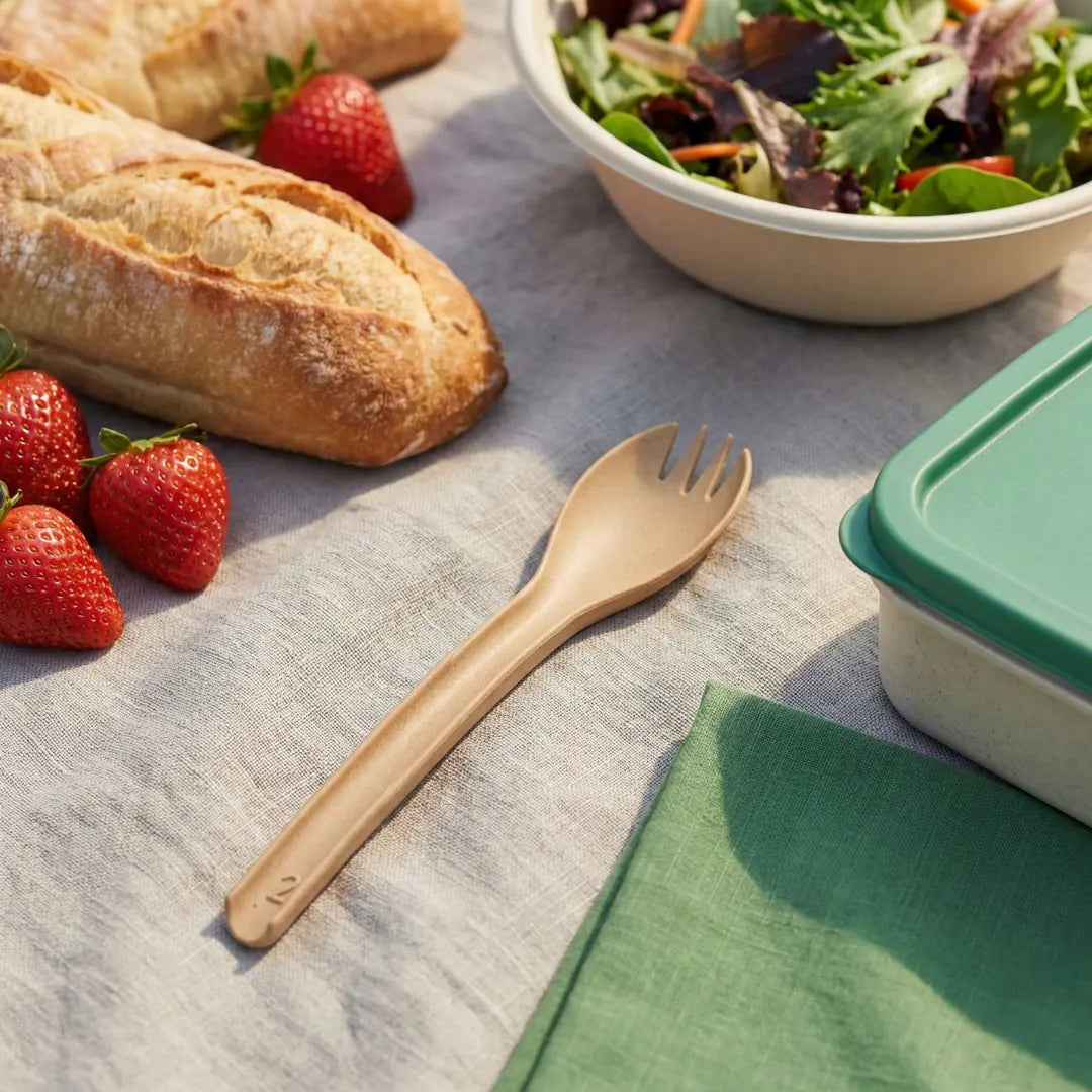 CompostEase | Spork on a picnic table with bread, salad, and strawberries, highlighting reusable compostable cutlery for outdoor meals.