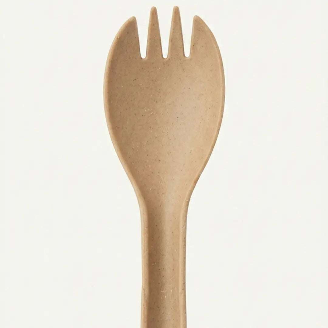 CompostEase Spork isolated on a clean white background, showing spoon bowl with short rounded tines and plant-fiber texture.