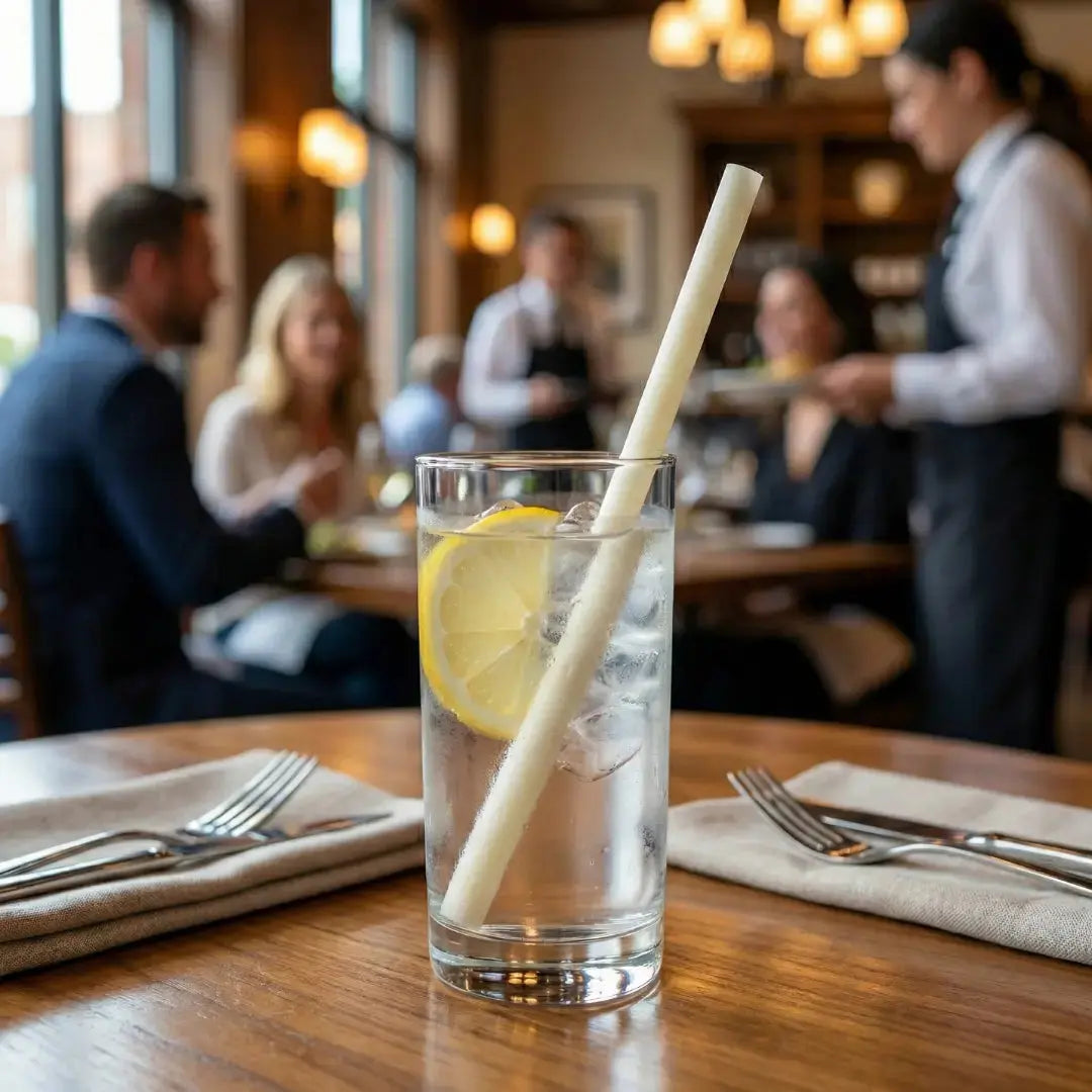 CompostEase 13mm compostable straw in a water glass with lemon at a restaurant table, plastic-free and eco-conscious.