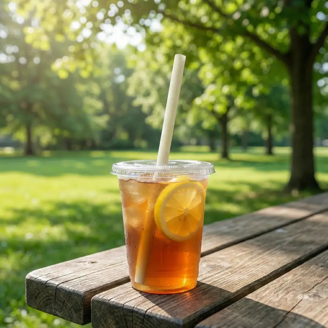 Compostable 13mm CompostEase straw in a cold lemon drink outdoors, made from plant fiber and suitable for wide beverages.