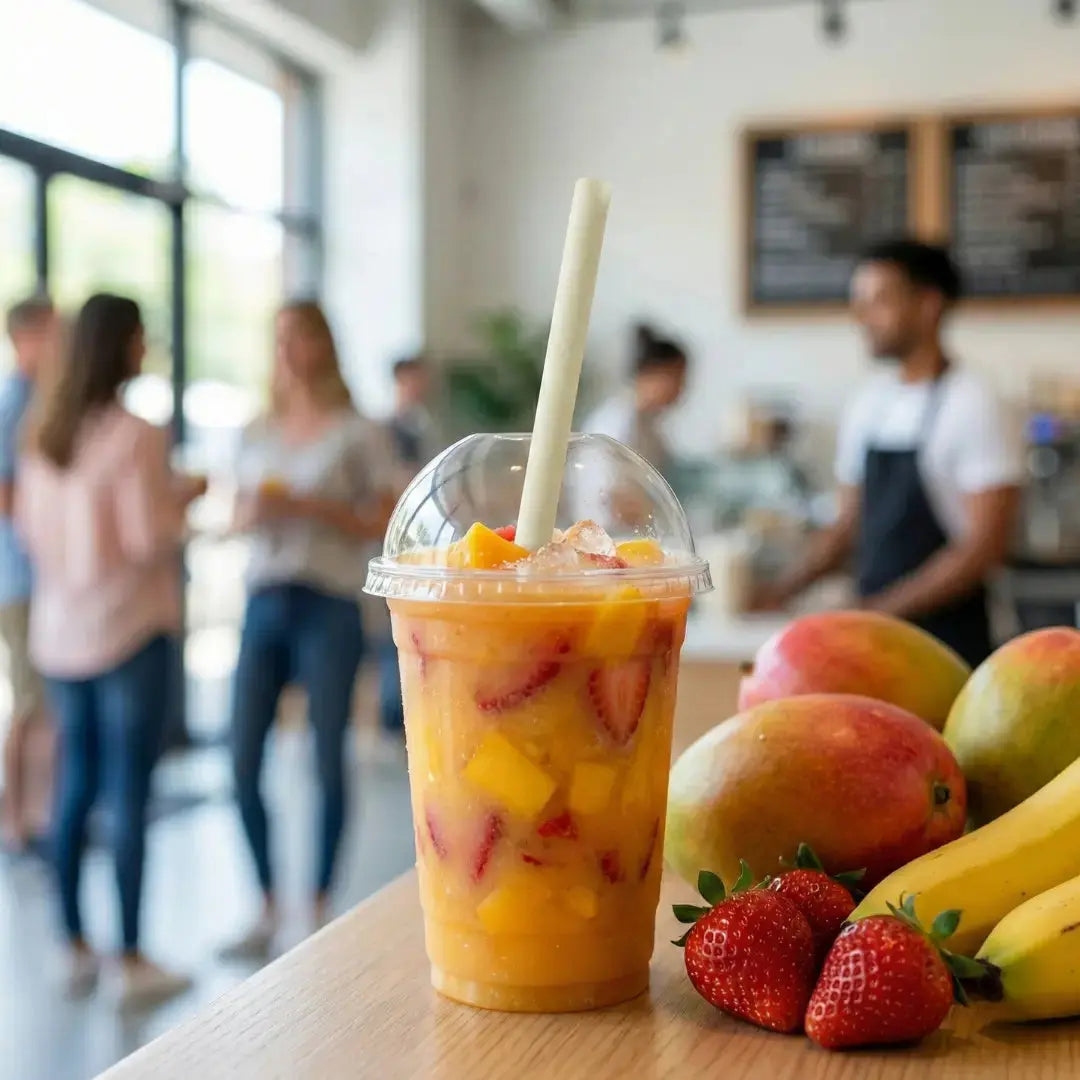 Wide 13mm CompostEase compostable straw used in a fruit smoothie cup, ideal for thick drinks like smoothies and shakes.