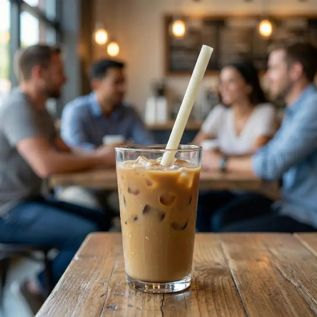 CompostEase 13mm plant-based straw in iced coffee at a café, designed for durable, plastic-free beverage service.
