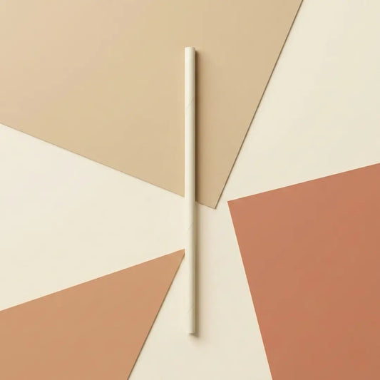 CompostEase 6mm compostable straw made from molded plant fiber, shown on a modern geometric background.