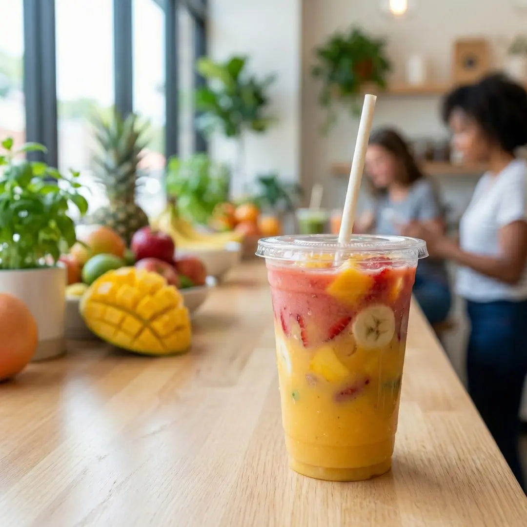 CompostEase 6mm plant fiber straw used in a fresh fruit smoothie inside a café setting with natural light.