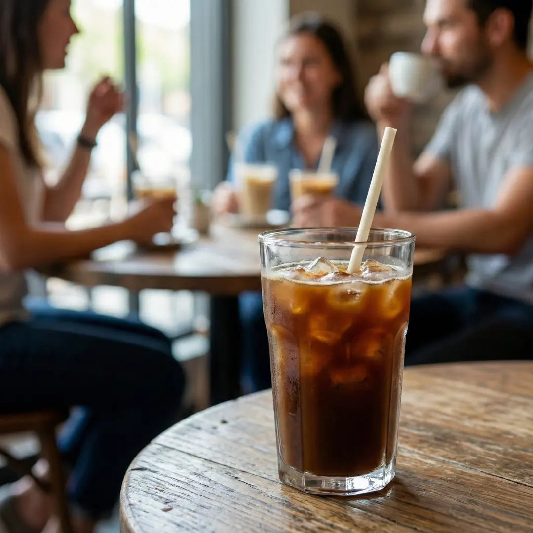 CompostEase 6mm compostable straw in an iced coffee on a café table, with people socializing in the background.