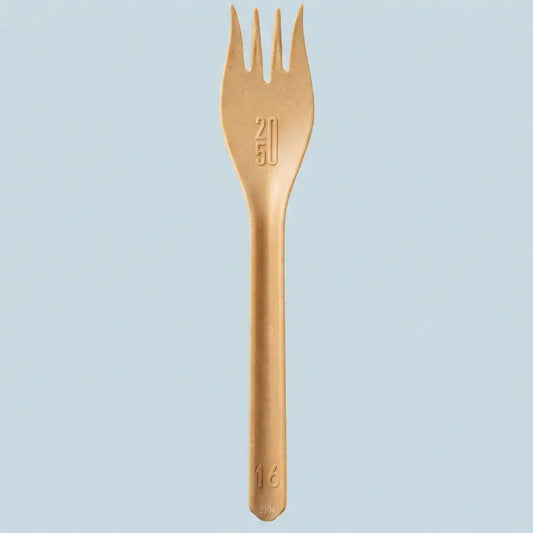 CompostEase | Traditional Fork vertical front view on a soft blue gradient background, showing three rounded tines and embossed markings.