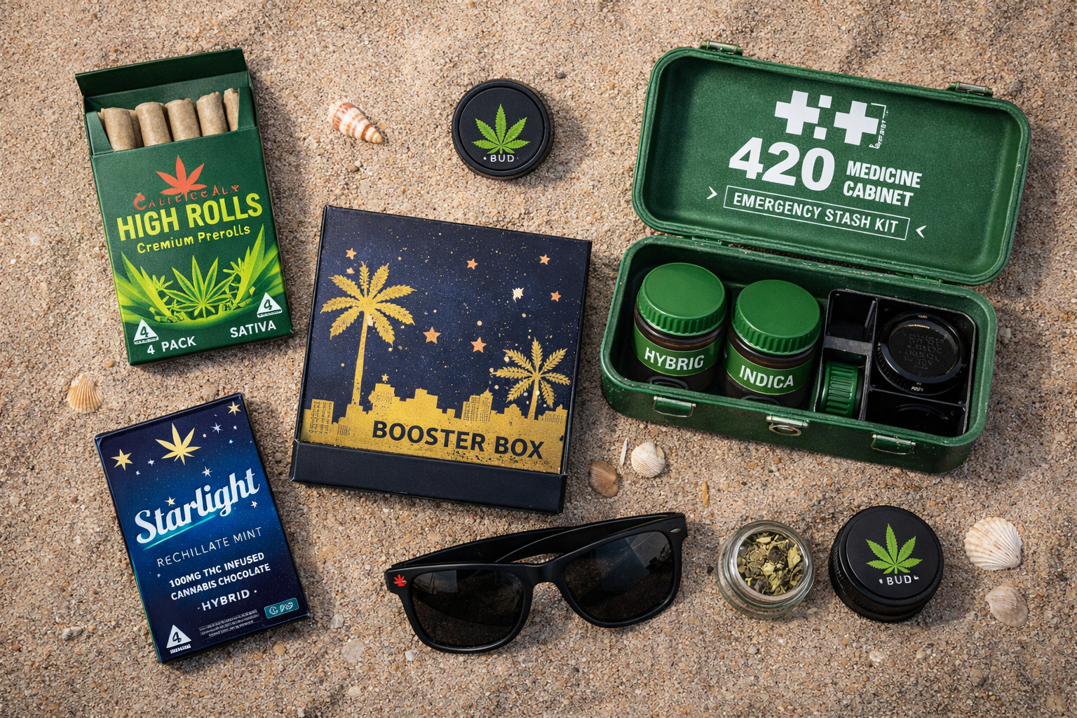 Cannabis retail packaging kit with preroll boxes, stash containers, and branded boxes designed for promotional and retail cannabis products