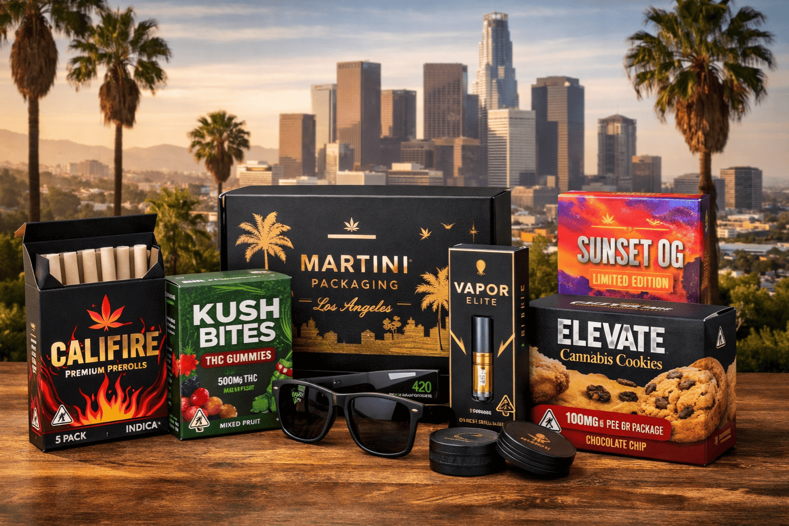 Custom cannabis retail boxes for prerolls, gummies, vape products, and cookies with Los Angeles skyline for premium packaging branding