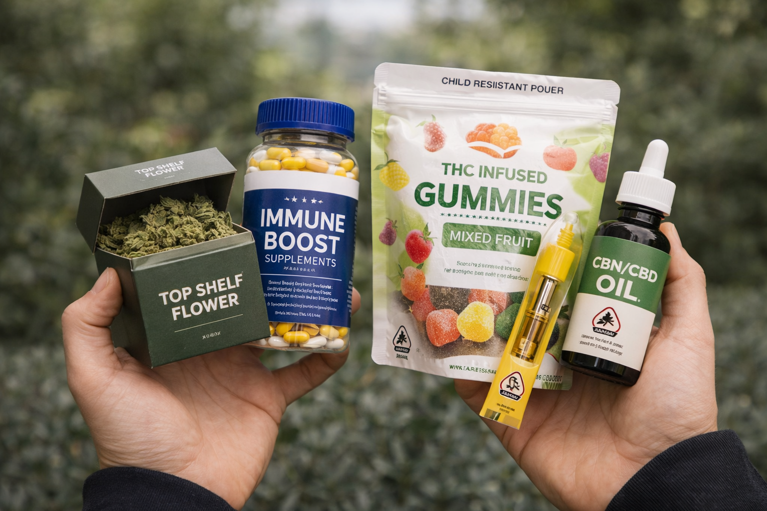Custom child-resistant packaging including cannabis flower boxes, THC gummies, vape cartridges, and CBD oil for Los Angeles brands
