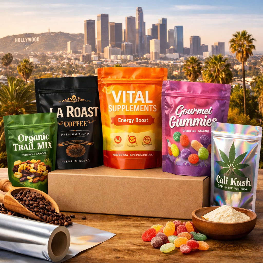 Custom Mylar bags for snacks, coffee, supplements, and cannabis products with Los Angeles skyline background for retail packaging branding